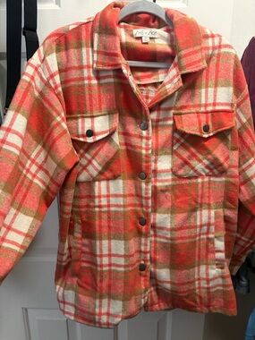 She + Sky Coral Plaid Snap-Front Shacket